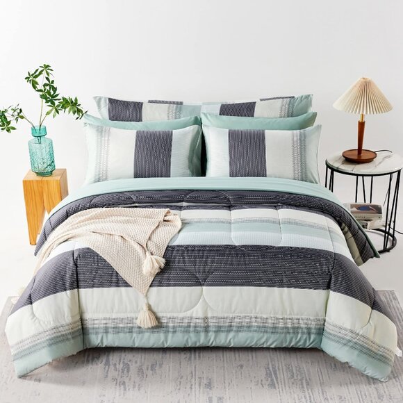 Other - Sage Green Striped Comforter Set, Geometric Lightweight Soft Bedding With Sheets